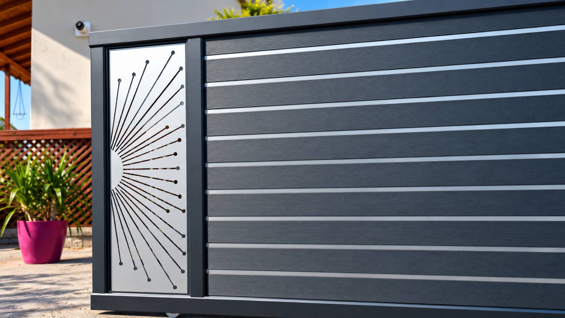 Poartă culisantă din aluminiu cu tabla perforata culoare Anthracite-Silver